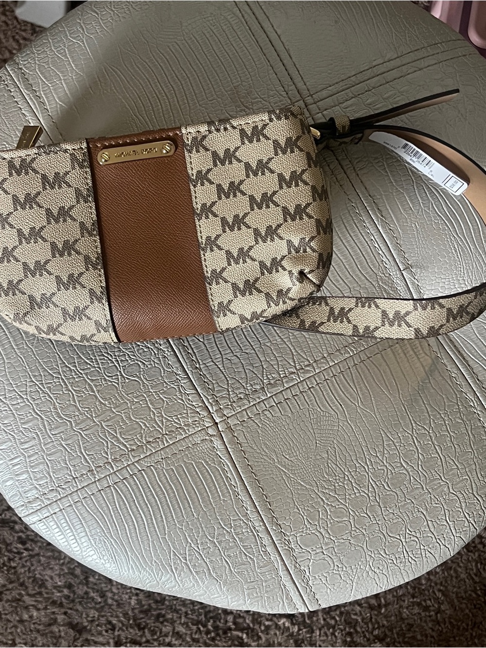 Michael Kors Beige MK Logo Crescent Mini Bag with Brown Leather Trim